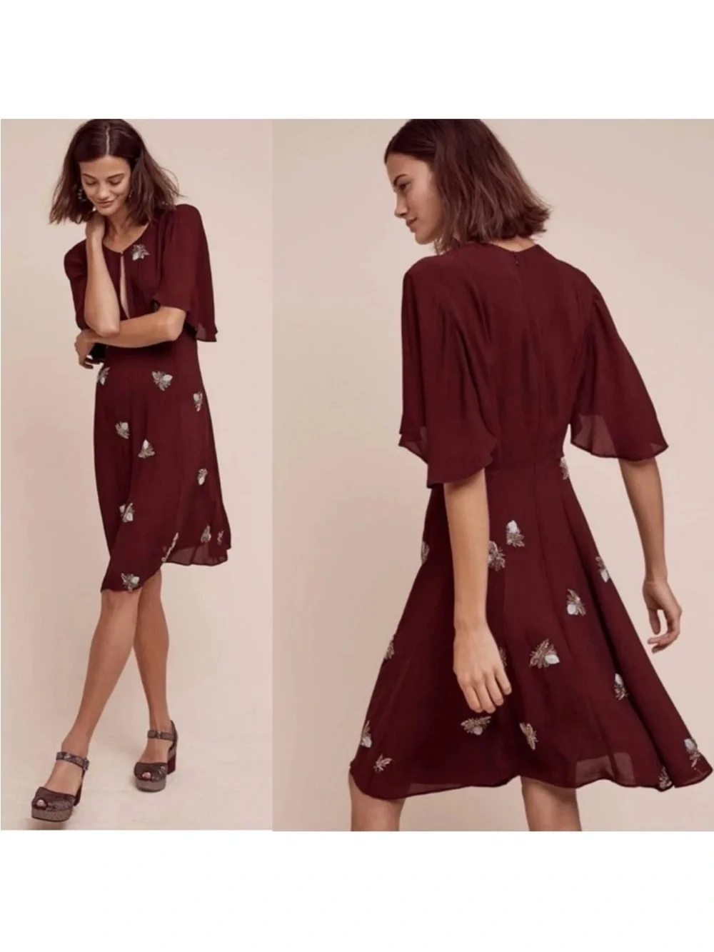 Anthropologie Moulinette Soeurs  Beaded Firefly Fit & Flare Flutter Sleeve Dress